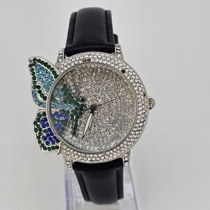 Off Park Women's Watch Crystal Bling Butterfly New Black Leather Bands Battery‎